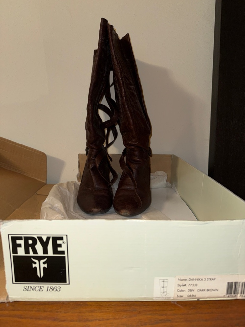 FRYE Dark Brown Leather Over-the-Knee Boots with Twist Strap Detail